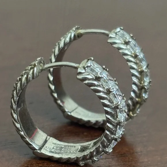 Judith Ripka Sterling Silver 925 Princess Cut Cubic Zirconia Hoop Earrings - Picture 2 of 7